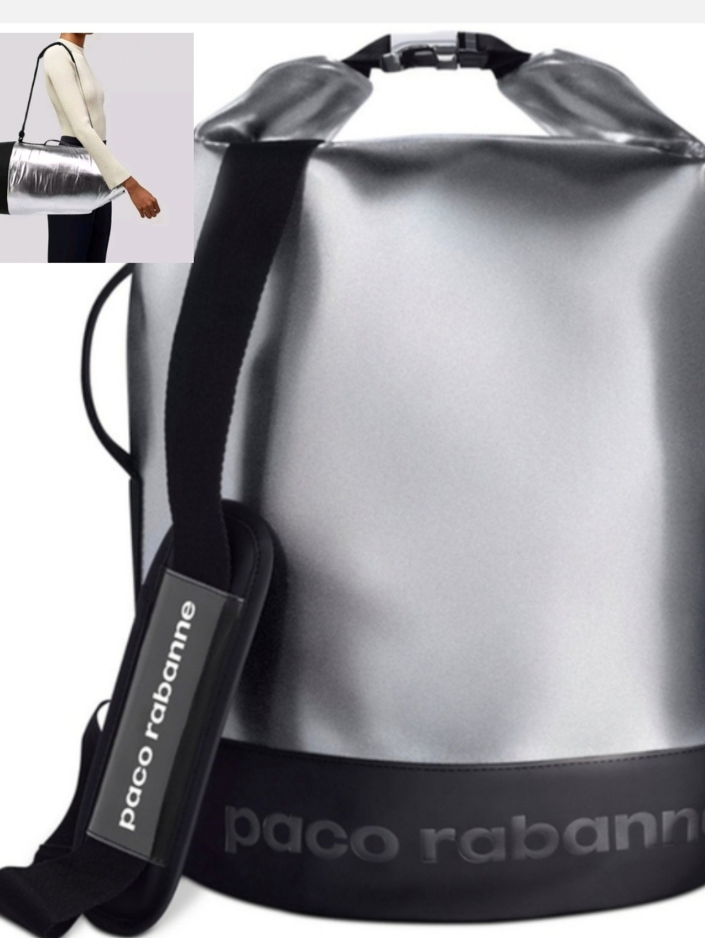 Paco Rabanne Metallic Silver Roll-Top Shoulder Duffle Bag with Black Accents